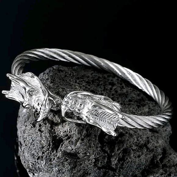 Dragon Viking Sterling Silver Plated Stainless Steel Bangle Cuff Bracelet - Picture 4 of 16
